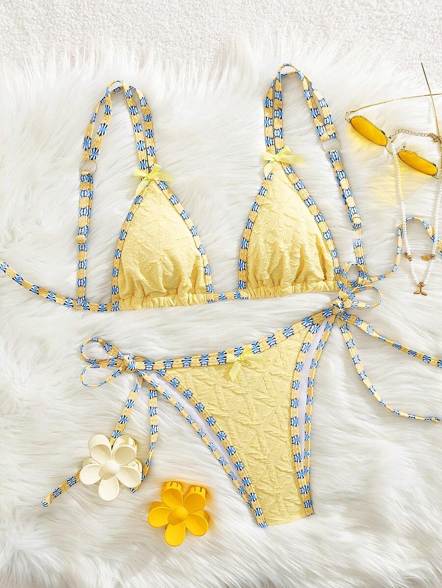 Conjunto de biquíni feminino sexy e moderno com laço nas costas, estilo europeu e americano, para praia no verão. - Amarelo - Ver 1