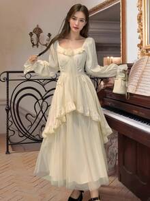 Women's Elegant Evening Party Dress Long Sleeve Ruffles Mesh Patchwork Dresses Christmas Birthday Wedding Guest Dress Autumn French Style Female Fall Vintage Chic New Year Night Going Out Outfits