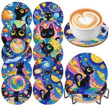 10pcs Set 5D Diamond Moon Cat Design Cup Mat With Holder, Crystal Diamond Painting Coaster Kit, Heat Insulation - Multicolor - View 10