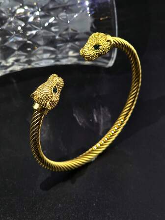 1pc Fashionable Gothic Stainless Steel Leopard Head Adjustable Bangle Bracelet, Suitable For Women And Men, Great Christmas Gift For Lover, Family, Friends