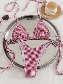 Bộ bikini hai mảnh buộc dây cổ cho nữ, gợi cảm, thanh lịch và thoải mái, họa tiết kẻ caro, chất liệu co giãn cao, thích hợp cho mùa xuân/hè, đi biển, nghỉ dưỡng, hồ bơi, tiệc tùng, màu hồng. - Hồng - Xem 2