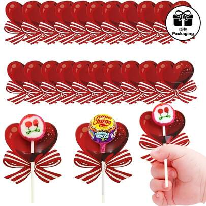 50pcs Red Heart-Shaped Bow Lollipop Decorative Card Gift Box Accessory. Lollipop Decorative Cards For Parties, Suitable For Valentine's Day And Mother's Day Gifts.