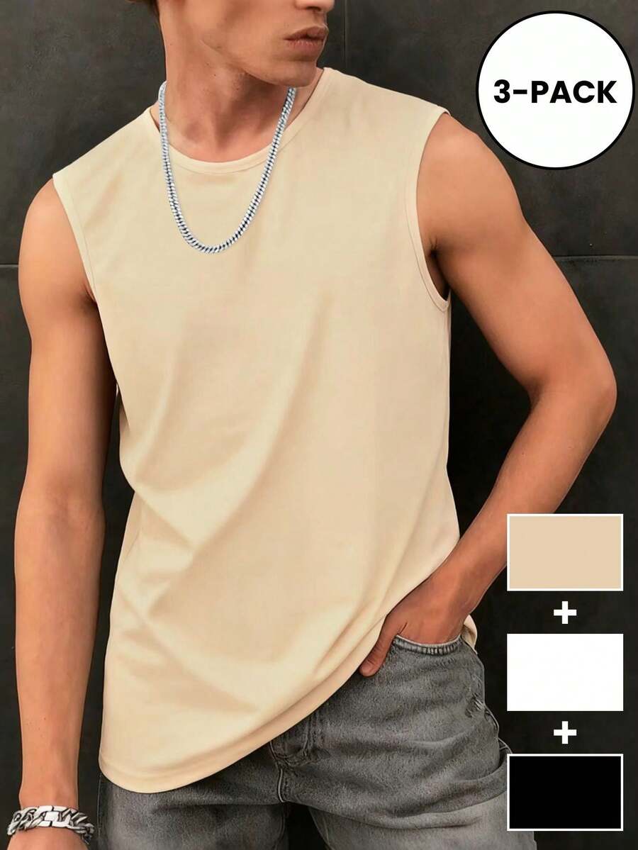 GRDR 3 件男士休闲运动背心，轻质透气针织面料，无袖圆领上衣，适合健身和休闲穿着