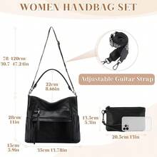 Hobo Bag For Women Vegan Leather Large Shoulder Purse Handbag Wallet Set Work Tote Bag Travel Satchel With Vintage Crossbody Guitar Strap - Black - View 2
