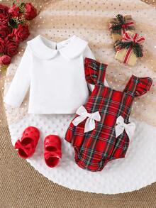 2 piezas Conjunto de niña bebé con blusa de manga larga con cuello Peter Pan blanco + pantalones cortos a cuadros, otoño/invierno
