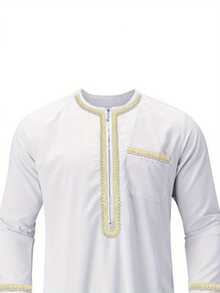 Hot  Men'S Kaftan Robe, Gold Embroidery Long Sleeve Round Neck Loose Robe  National Clothing - White - View 2