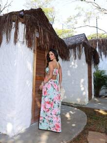 Vestido Feminino Longo Floral Verão 2025 Look com Recortes e Alças Trançadas - Verde Menta Floral - Visão 2