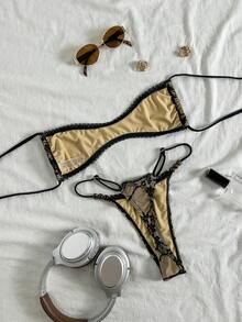 女士性感时尚高端性感浪漫度假海滩旅行派对蕾丝串珠挂脖系带比基尼泳衣，性感两件套，春夏新品 - 黑色 - 查看 6