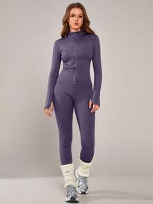 NcmRyu Bộ đồ thể thao nữ co giãn có khóa kéo, kiểu dáng thường ngày, cổ đứng, eo thắt, thích hợp cho khiêu vũ và tập luyện mùa xuân. - Màu tím - Xem 6