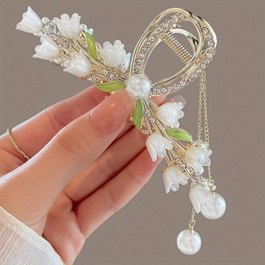 1 Piece Elegant Lily Of The Valley Artificial Pearl Tassel Hair Clip With Rhinestones - Gold Alloy, Non-Slip Grip, Suitable For Fashionable Ponytails And Updos - Chic Women's Accessories, Floral Hair Ornament - 鑽石鈴蘭 - 查看 1
