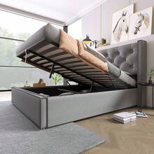 Upholstered Hydraulic Single Bed 90x200cm, Bed With Metal Mesh Frame, Modern Bed Frame With Storage, Cotton, Grey - Grey + Cotton + 140cm*200cm - View 6