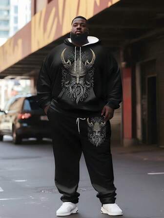 加大码男士北欧战士图案印花连帽卫衣套装，加大码宽松街头风两件套