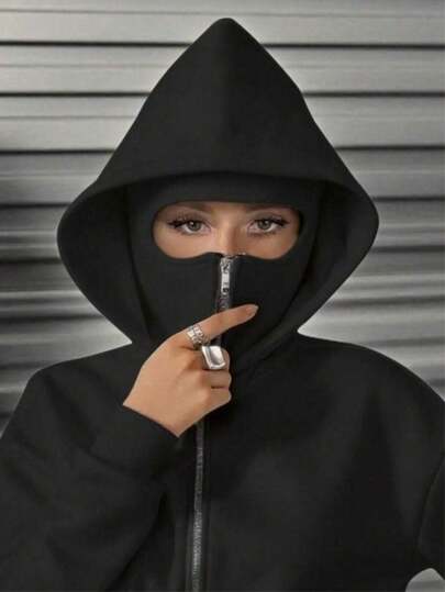 Social Anxiety Essential,Women's Oversized Fit Regular Length Face-Covering Hooded Sweatshirt,Zip-Up With Pocket,Fall,Winter,Autumn,Halloween,Christmas,Going Out Tops For Women,Chic