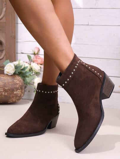 2025 Autumn/Winter New French Chunky Heel Pointed Toe Suede Ankle Boots For Women, Rivet Decor Low Heel Versatile Slim Fit Western Style Booties