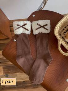 1双女士蝴蝶结装饰加厚保暖袜，适合搭配踝靴，秋冬季舒适袜子 - 彩色 - 查看 13