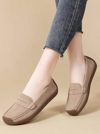 Women's Slip-On Suede Loafers, Solid Color Casual Flats