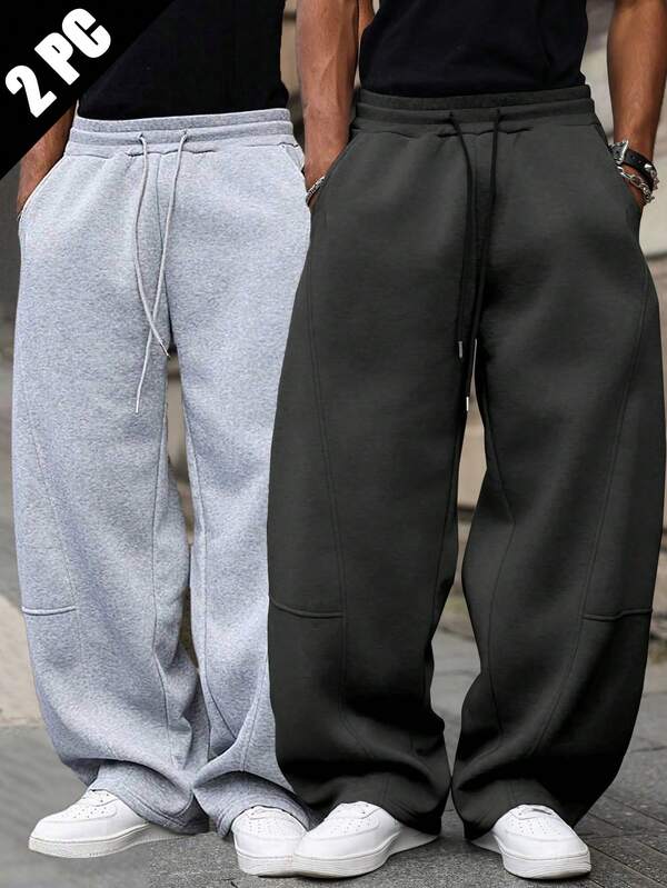 2pcs Men's Solid Color Drawstring Waist Pocket Loose Casual Sweatpants, Black & Gray, Relaxed Fit, Fall Clothes