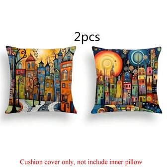 2pcs Abstract City Landscape Peach Skin Pillow Covers, 45x45cm - Decorative Cushion Covers With Zipper, Suitable For Sofa And Home Decor (Pillow Inserts Not Included)
