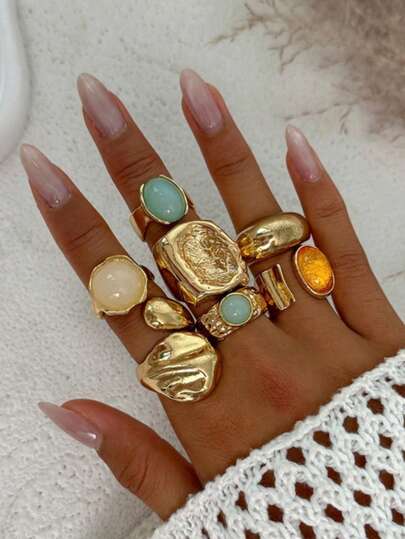 Set de 7 anillos de estilo vintage punk con geometría asimétrica y piedra lunar, adecuado para uso diario, fiestas, regalos y joyería de mujer