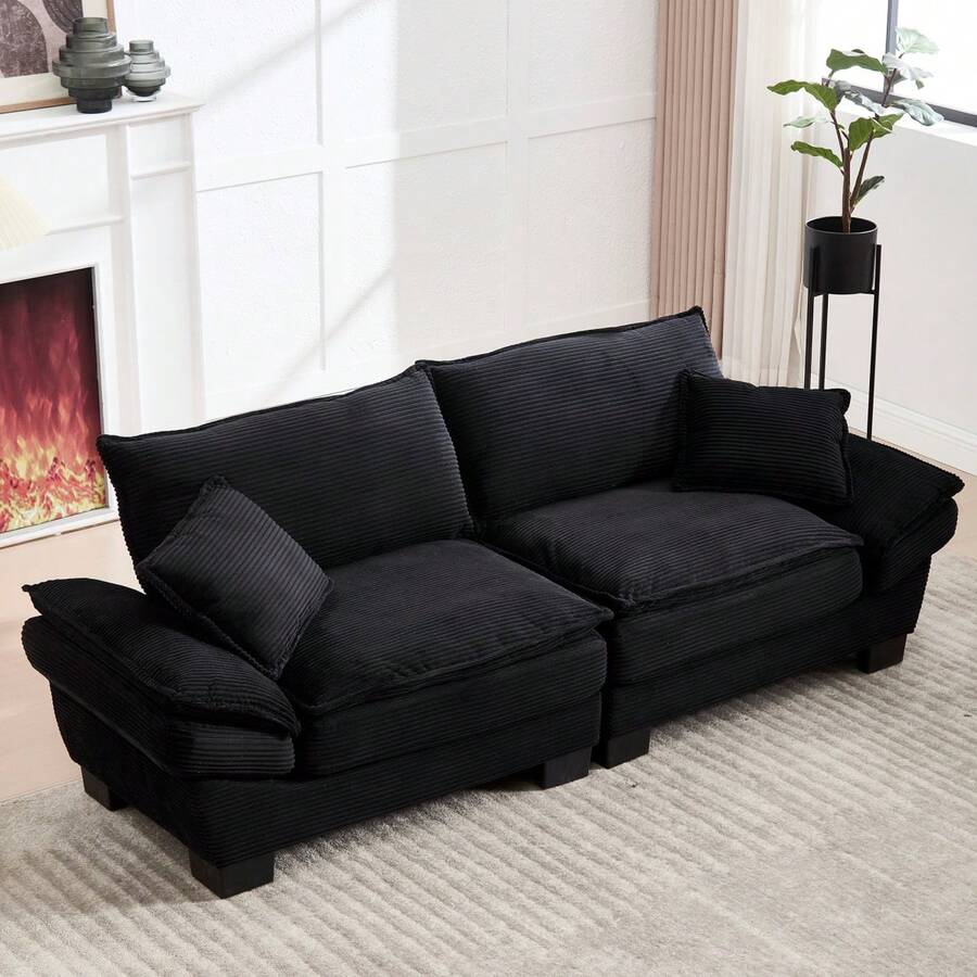 A Modern And Simple Double Sofa With A Feather Bed That Has Enough Cushioning, Cozy Yet Spacious In The Living Room/Bedroom/Office, Beige. - Black + Velvet + 2 Seat + Foam - View 1