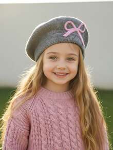 1pc Girls' Embroidered Bow Knit Beret Hat, New Autumn/Winter Knitted Hat, Decorative Hat, Painter Cap, Warm For Autumn/Winter, Versatile For All Seasons - 1PC - View 12