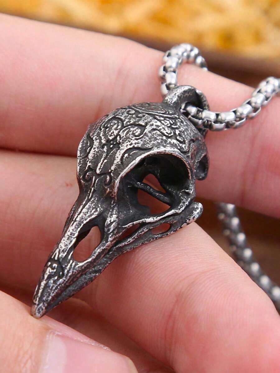 GuoShuang 1pc Vintage Raven Skull Bone Necklace Pendant, Unisex Personalized Gift Decoration - 古董銀 2 - 查看 1