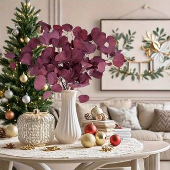 10pcs Artificial Eucalyptus Stems With Branches, Paired With Bohemian Red Apple Leaves - Real Green And Red Leaves, Maintenance-Free, Durable Faux Wood, Suitable For Vases, Tabletop Decor, Weddings, Home And Party Decorations