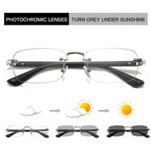 Men And Women Frameless Photochromic Glasses Square Frame Sunglasses Simple Casual Non-Prescription Glasses - 金色框黃色腿[變灰色] - 查看 3