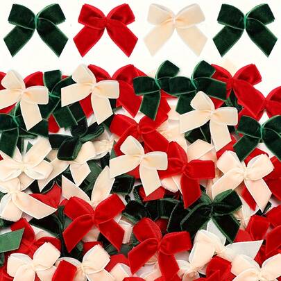 50 piezas Mini Moños de Terciopelo - Rojo, Verde, Beige 3 Colores Moños de Alambre Retorcido Hechos a Mano/Suministros DIY para Envolver Regalos (Moños de Cinta, Hechos a Mano, Scrapbooking)