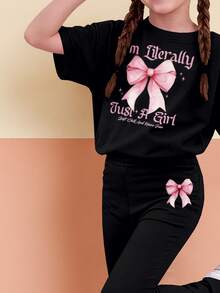 青少年女孩休闲蝴蝶结图案短袖宽松 T 恤和喇叭裤优雅女孩服装，返校/校服 - 黑色 - 查看 3