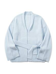 Women's Minimalist Casual Vertical Striped Textured V-Neck Shawl Collar Long Sleeve Sweater Cardigan, Spring/Autumn/Winter - 淺藍色 - 查看 2