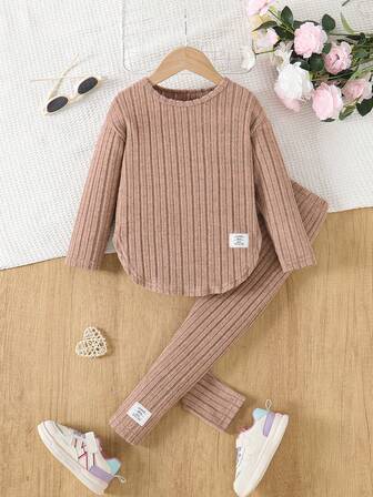 Girls' Solid Color Ribbed Long Sleeve Top + Pants Set