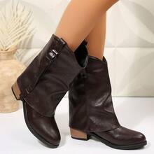 Cizme de damă retro cu toc gros și cataramă în stil western de toamnă/iarnă, versatile la modă, cizme eleganți, cizme de cowboy - Maro - Vizualizare 4