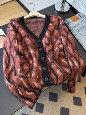 Women's Asymmetrical Pattern Button-Up Cardigan, Fuzzy Texture, Fashionable Casual Loose Fit Knit Sweater Jacket, Autumn/Winter