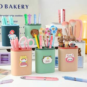 1pc/Set Stationery Organizer, Push-Button Ballpoint Pen Set, Cute Animal Cartoon Pen Holder, PP Material, Sturdy And Durable, Compartment Design, Neat And Tidy, Easy To Access, Multi-Function Pen Cup, Student/Office Desk Decor, Stationery Pen Holder, 0.5mm Quick-Drying Black Pen For Exams, Office Signing Pen, Back To School/Birthday/Christmas/Halloween/Thanksgiving Gift, Office & School Supplies