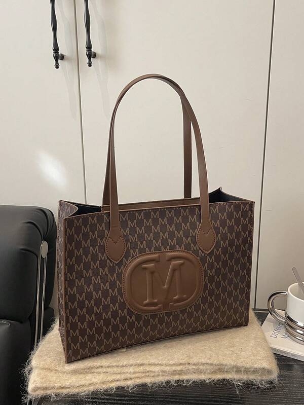 A New Women's Bag For Autumn/Winter Season, Retro Fashion Letter-Print Tote Bag, Zipper Closure, Lightweight Minimalist Large-Capacity Shoulder Bag.