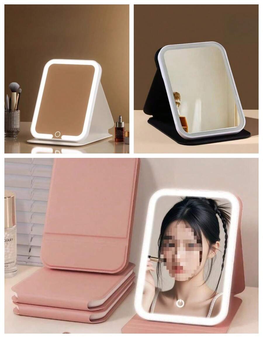 Decorative LED Mirror For Makeup And Aesthetics, Rechargeable, Square, Leather Case, Portable, Foldable 025-033/034/035 - trắng - Xem 1