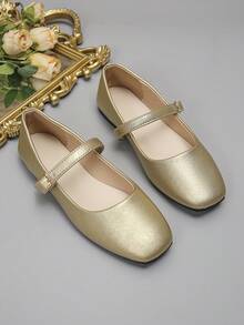 大码 35-43 新款春秋季平底方头套脚鞋，金色方扣装饰，适合搭配连衣裙，女士平底乐福鞋，芭蕾平底鞋 - 金色-方扣 - 查看 7