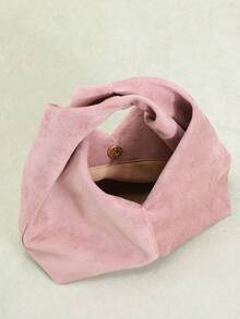 1件秋冬新款粉色复古丝绒质感PU皮革手提包，雕塑感简约设计托特包，适合通勤和搭配外套 - 粉色 - 查看 7