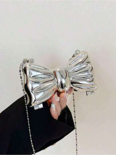 Acrylic Electroplated Metallic Silver Shiny Bow Decor Clutch Bag, Versatile Women's Personalized Fashion Chain Lipstick Pouch, Jewelry/Earphone/Cosmetic Storage Box, Ladies, Suitable Valentine's Day, Party, Wedding Dress Decoration, Date Use Shoulder/Crossbody Bag, Elegant Ladies Coin Purse