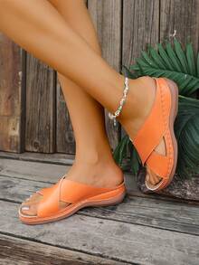 2024 Plus Size Hollow Flower Strap Flat Sandals For Women, Casual Retro Middle-Aged Slippers, Wholesale - Orange - View 4