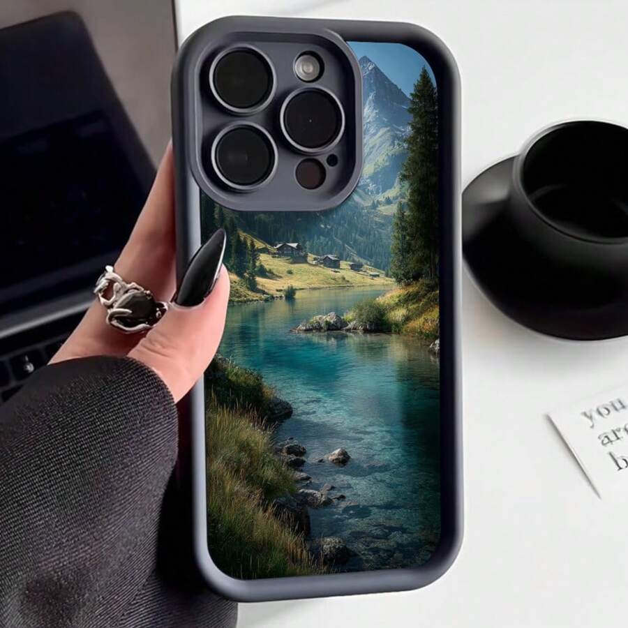 Cubierta de teléfono con borde negro y diseño de paisaje montañoso con lago cristalino para iPhone 14 Pro Max estilo natural escénico ideal para uso diario y viajes - Burdeos - Ver 1