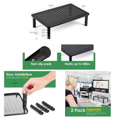 2 Pack Desktop Riser, 3 Height Adjustable Monitor Stands 2 Monitors, PC, Computer, Printer, Desktop Monitor Stand With Ventilated Platform Airflow