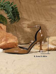 Giày cao gót mũi nhọn 9cm có dây đeo khóa điều chỉnh, chất liệu PU bóng, màu nâu, thích hợp để mặc hàng ngày/dự tiệc - màu nâu - Xem 7