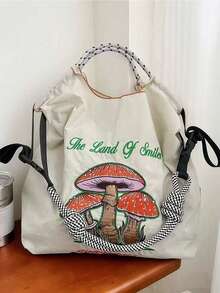 1pc Fashionable Versatile Embroidered Tote Bag, Cartoon Mushroom Pattern, Lightweight Nylon Commuter Foldable Shopping Bag - Multicolor - View 4