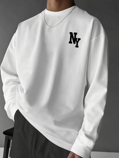 Men's Versatile Piece For Autumn | Apricot Round Neck New York Element Printed Long Sleeve T-Shirt, Suitable As A Gift For Husband, Boyfriend, Or Friend