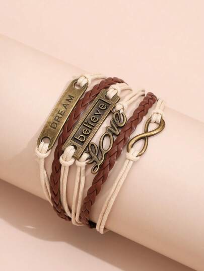 Boho Vintage Multi-Layer Braided Bracelet Set - "Dream Believe Love" & Infinity Charm Retro Leather Rope Bracelets For Women