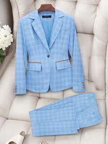 HOMEYEE Women's Plaid Suit Set, Business Professional Casual Blazer Jacket And Pants, Versatile Style Suitable For Various Occasions And Vacation, 2 Pieces Set - Blue - View 10
