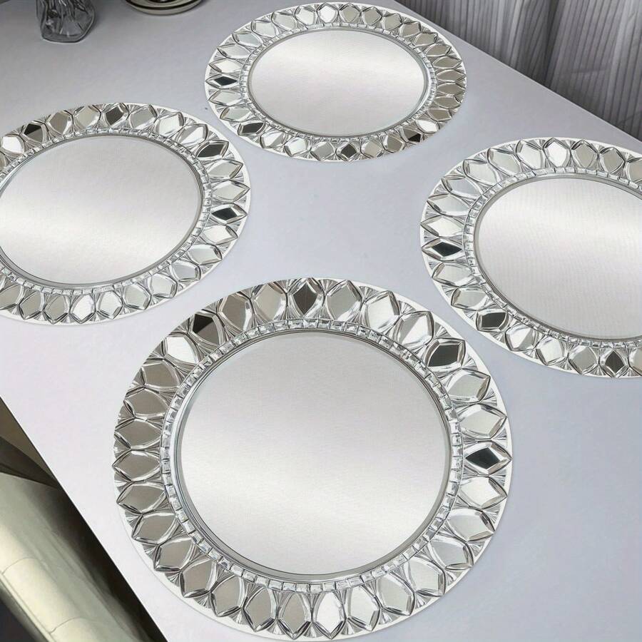 4 Pieces Silver Diamond Round 2D Printed Placemats, Mother's Day Daily Holiday Wedding Banquet Kitchen Table Decoration Non-Slip Round Table Mats - 彩色 - 查看 1