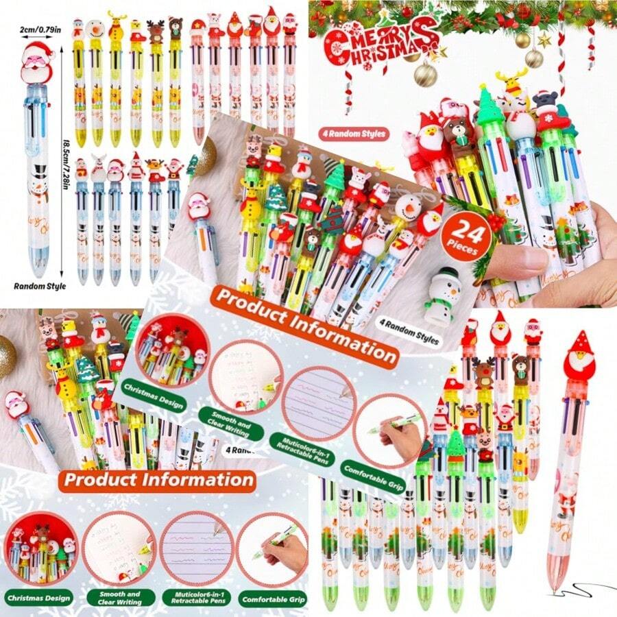 LOKIPA Christmas Multicolor Ballpoint Pen 24PCS 6 In 1 Christmas Ballpoint Pens 4 Colors Retractable Ballpoint Pens For Christmas Party School Office Random Style - Nhiều màu - Xem 1